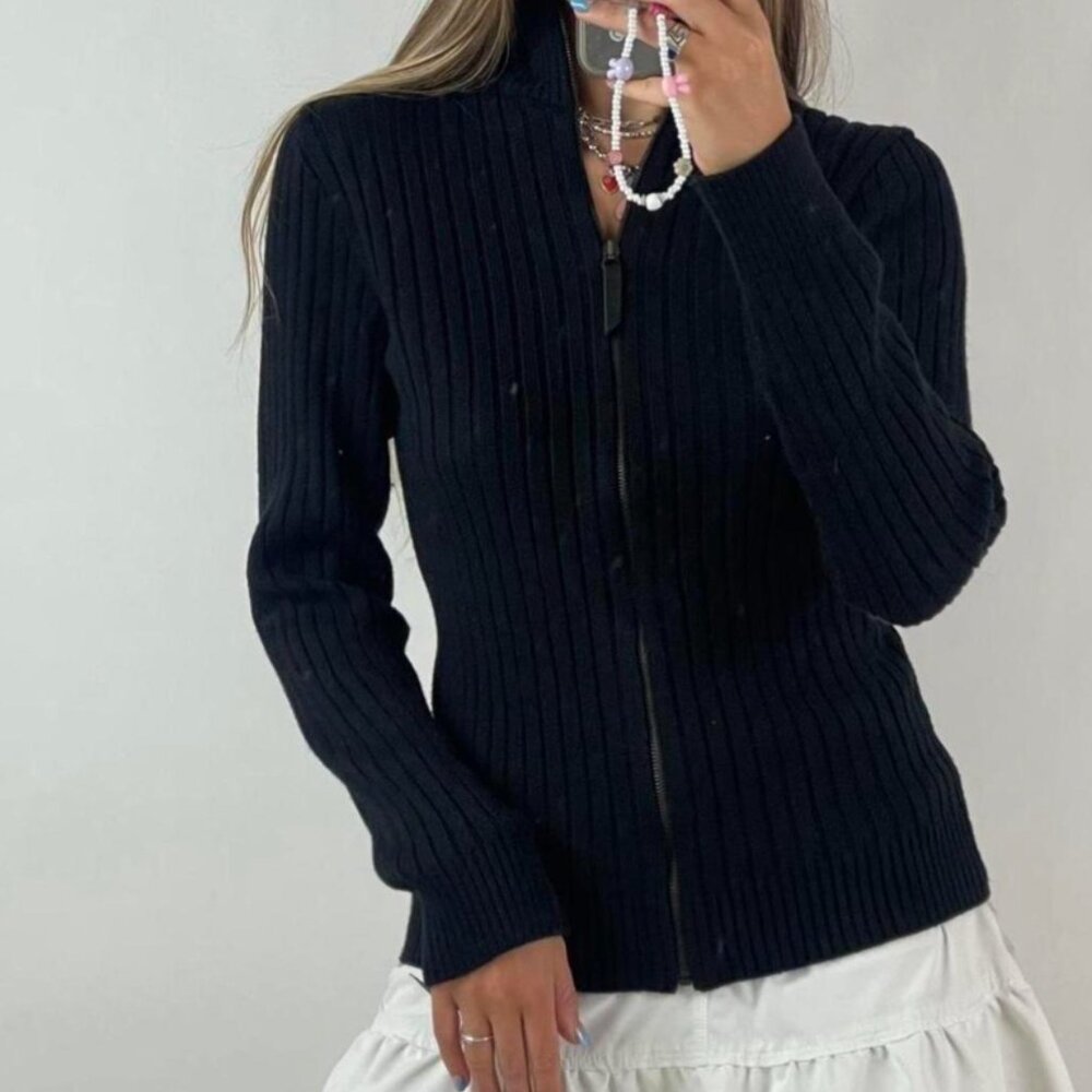 Vintage Dolce and Gabanna D&G Black Ribbed Knit Sweater Zip Jacket